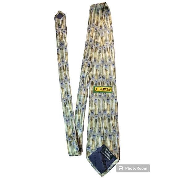 J. Garcia Silk Tie Surprise Package Beige Gold Blue Geo Handmade 58x4 - Picture 3 of 5